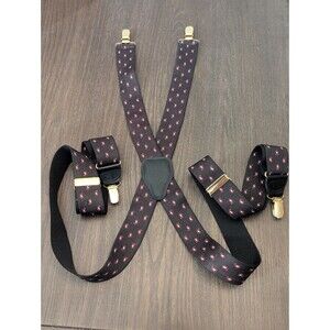 Pelican USA X-Back Suspenders Black Red Paisley Gold Tone Clip Dadcore Wedding